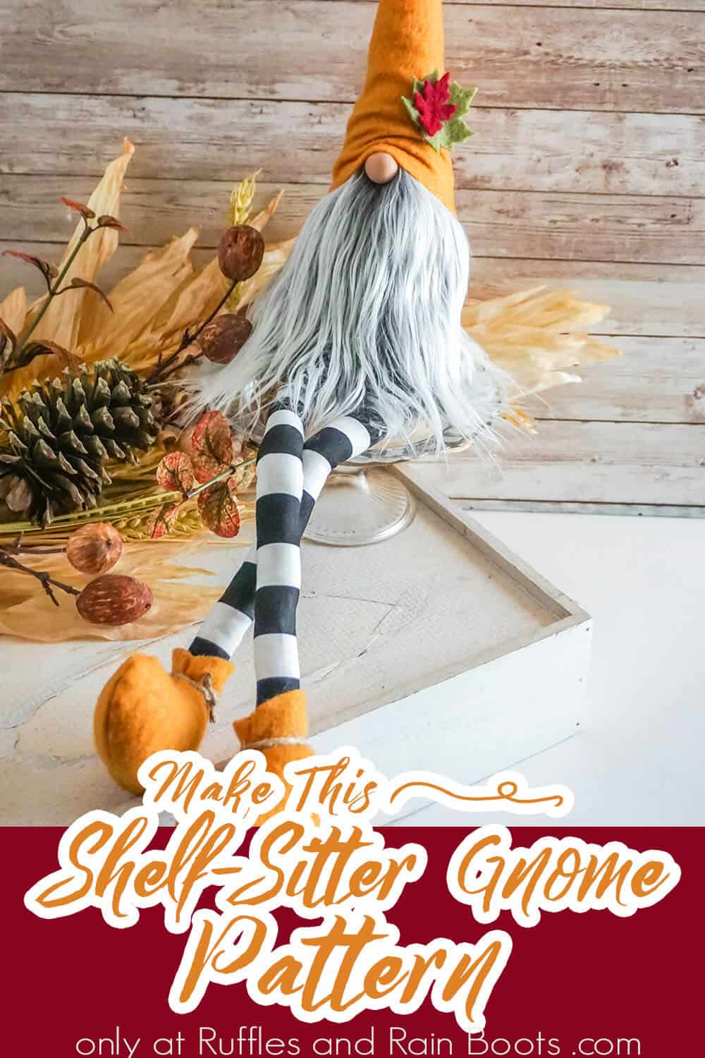 gnome pattern for fall with text which reads make this shelf sitter gnome pattern