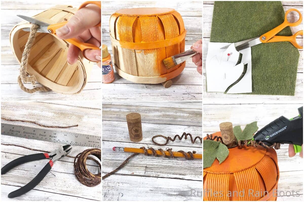 photo collage tutorial of how to make a basket pumpkin