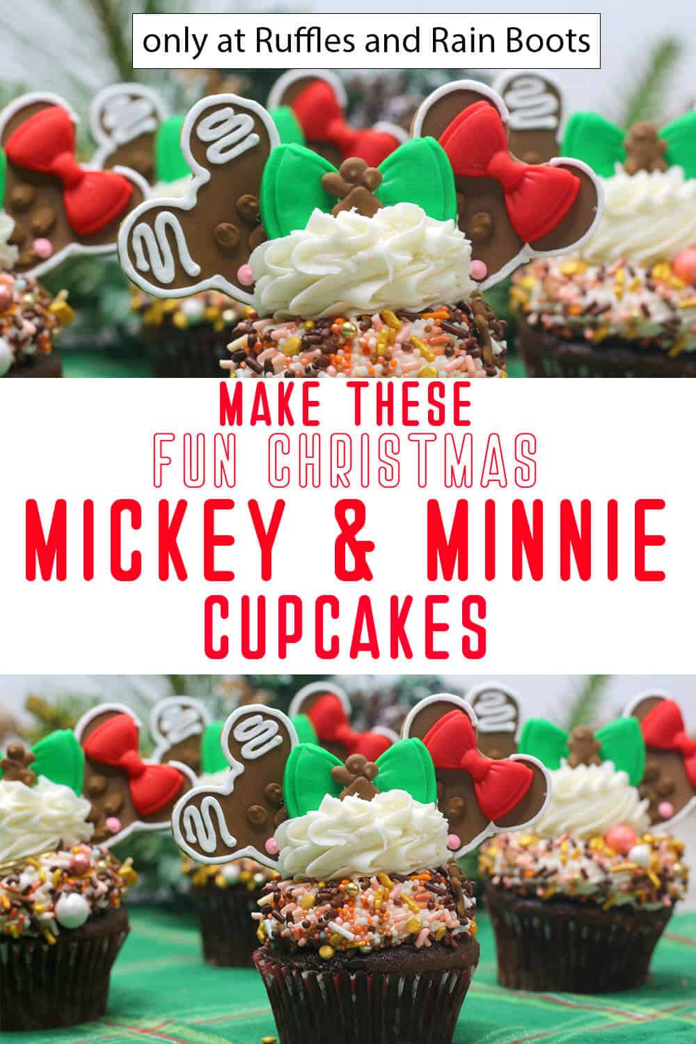 photo collage of mickey gingerbread cupcakes for christmas with text which reads make these fun christmas mickey and minnie cupcakes