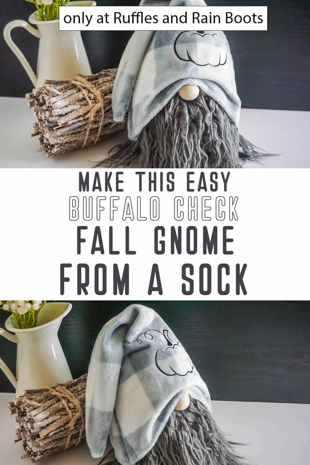 photo collage of buffalo check fall sock gnome craft with text which reads make this easy buffalo check fall gnome from a sock