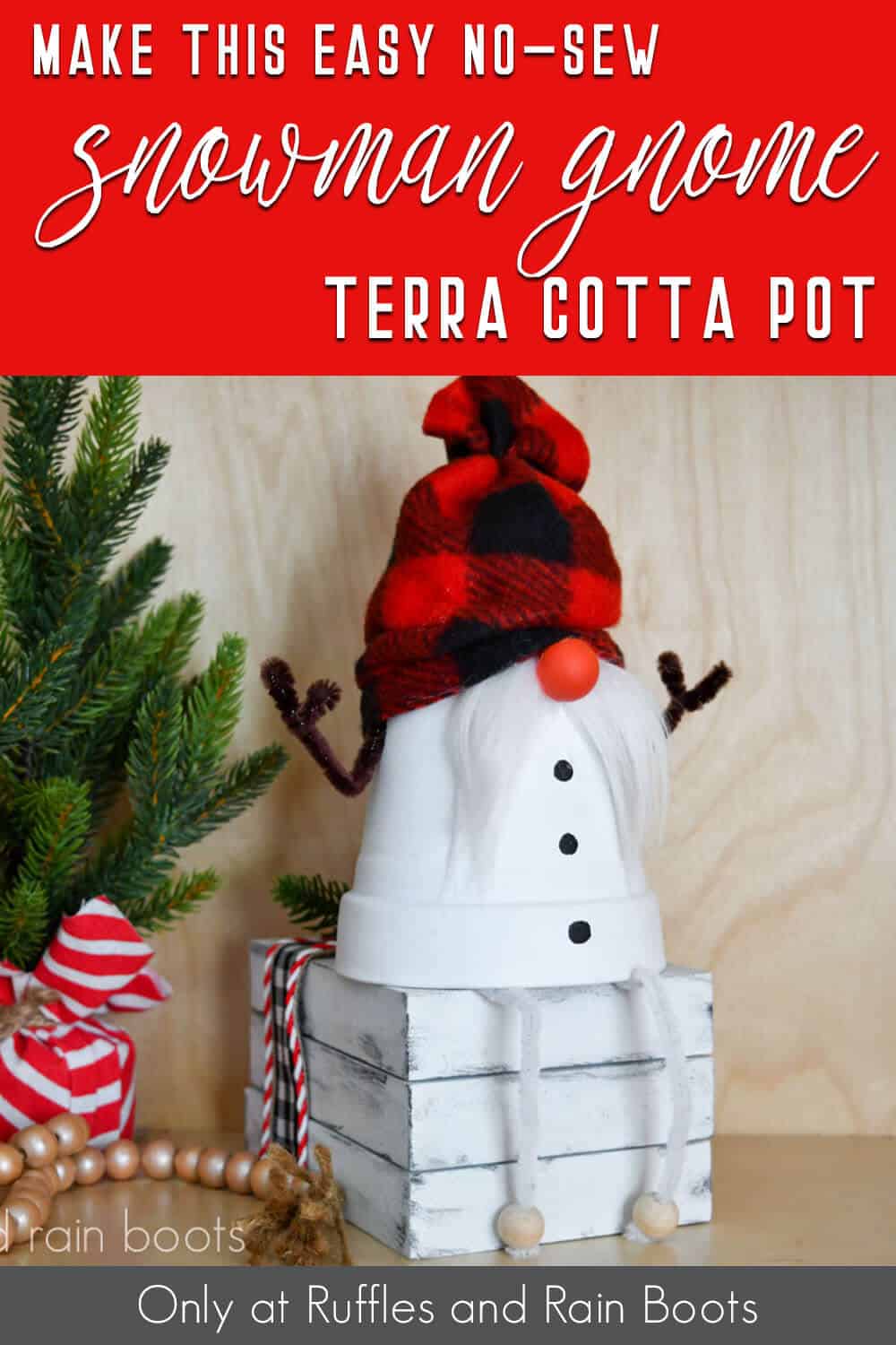 clay pot gnome snowman with text which reads make this easy no-sew snowman gnome terra cotta pot