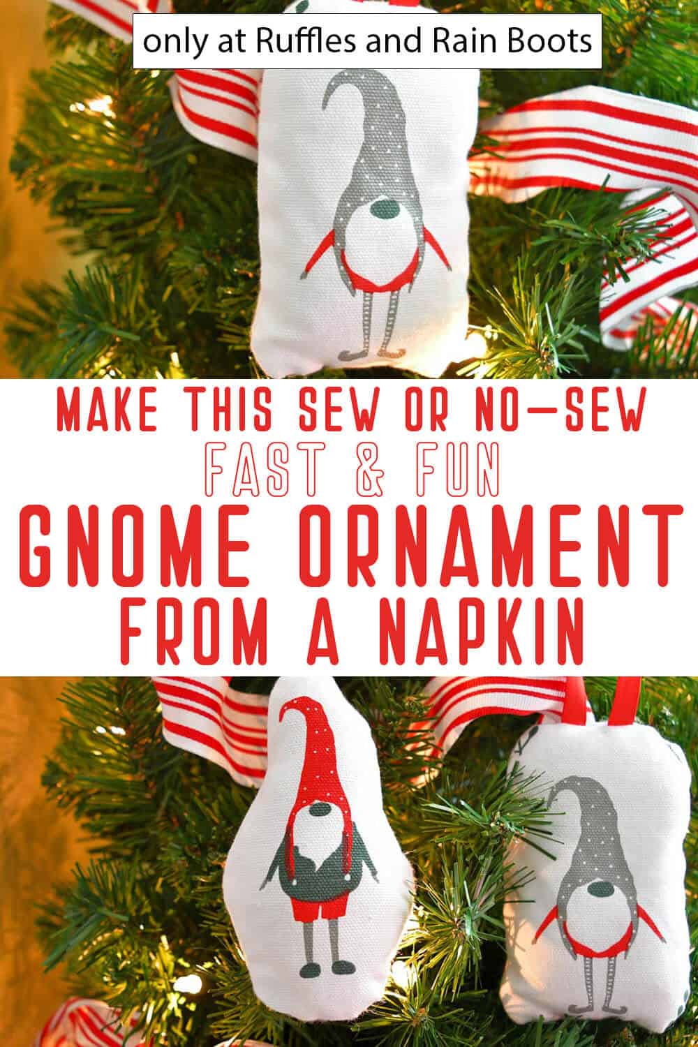 photo collage of dimensional christmas gnome ornament from a napkin with text which reads make this sew or no-sew fast and fun gnome ornament from a napkin
