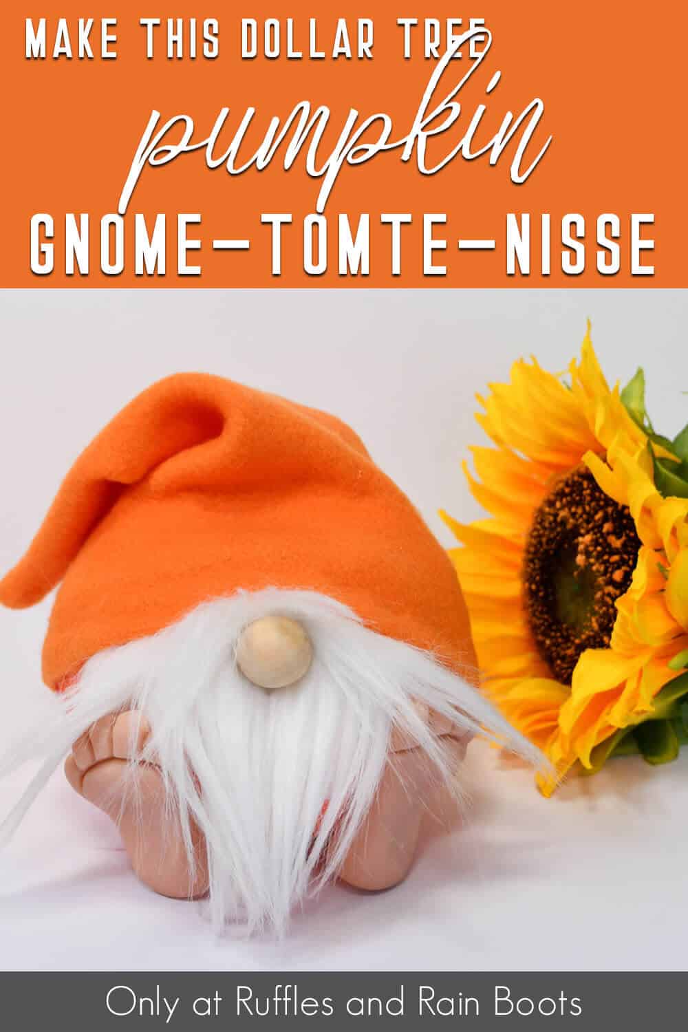 dollar tree craft pumpkin gnome with feet with text which reads make this dollar tree pumpkin gnome tomte nisse
