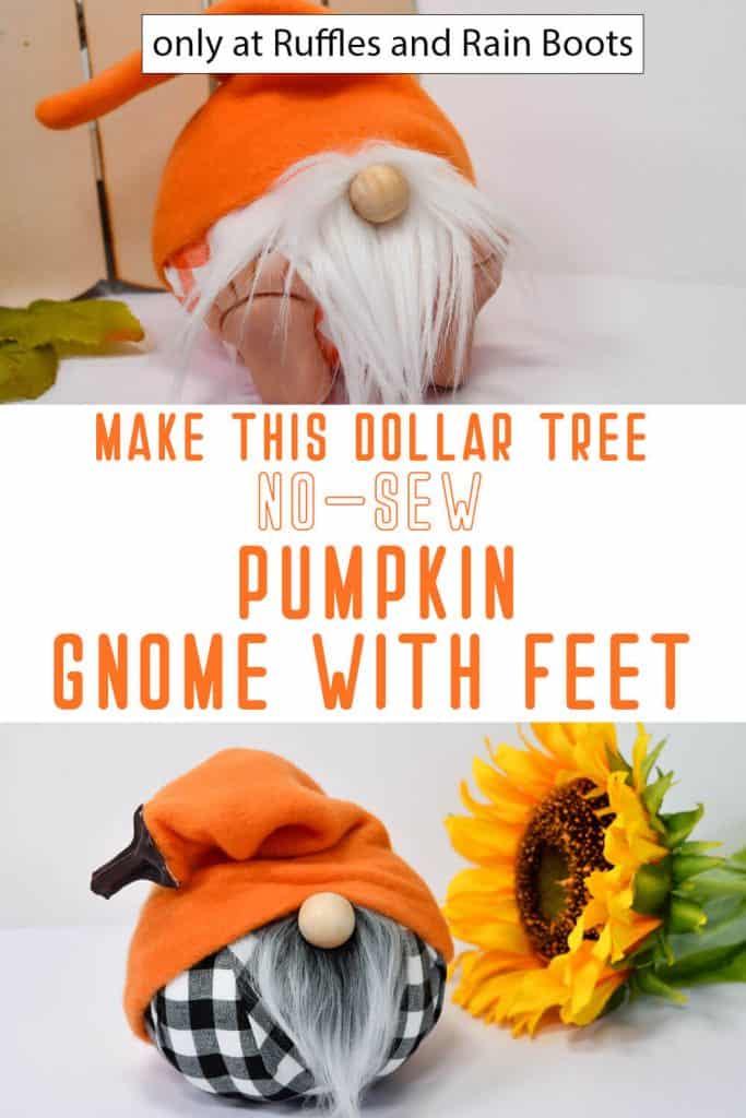 photo collage of dollar tree pumpkin gnome pattern with feet with text which reads make this dollar tree no-sew pumpkin gnome with feet