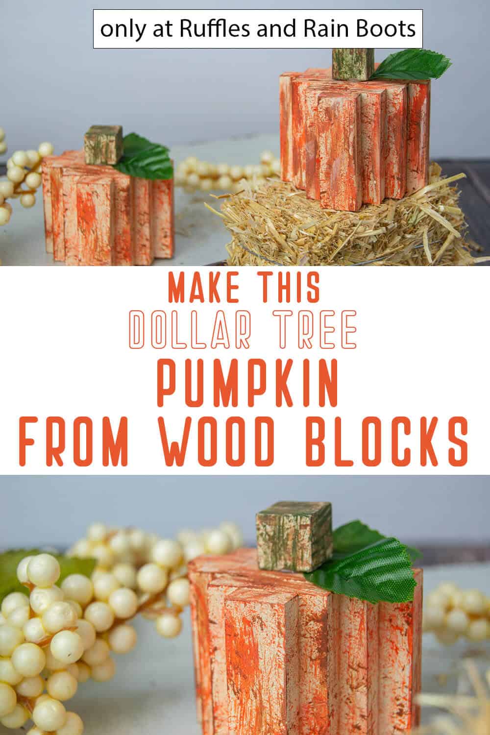 photo collage of dollar tree wood block pumpkin with text which reads make this dollar tree pumpkin from wood blocks