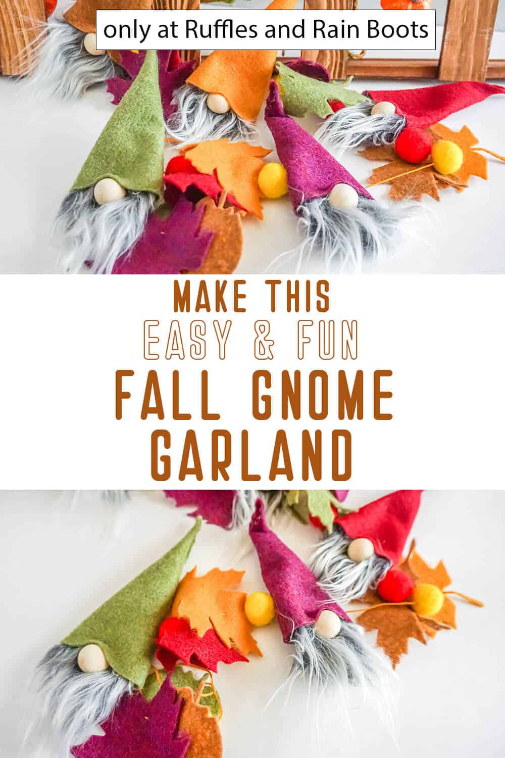 photo collage of fall garland with gnomes with text which reads make this easy and fun fall gnome garland