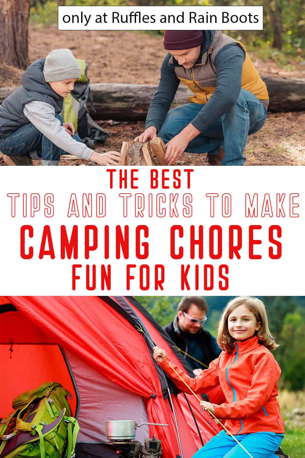 photo collage of fun camping chores for kids with text which reads the best tips and tricks to make camping chores fun for kids
