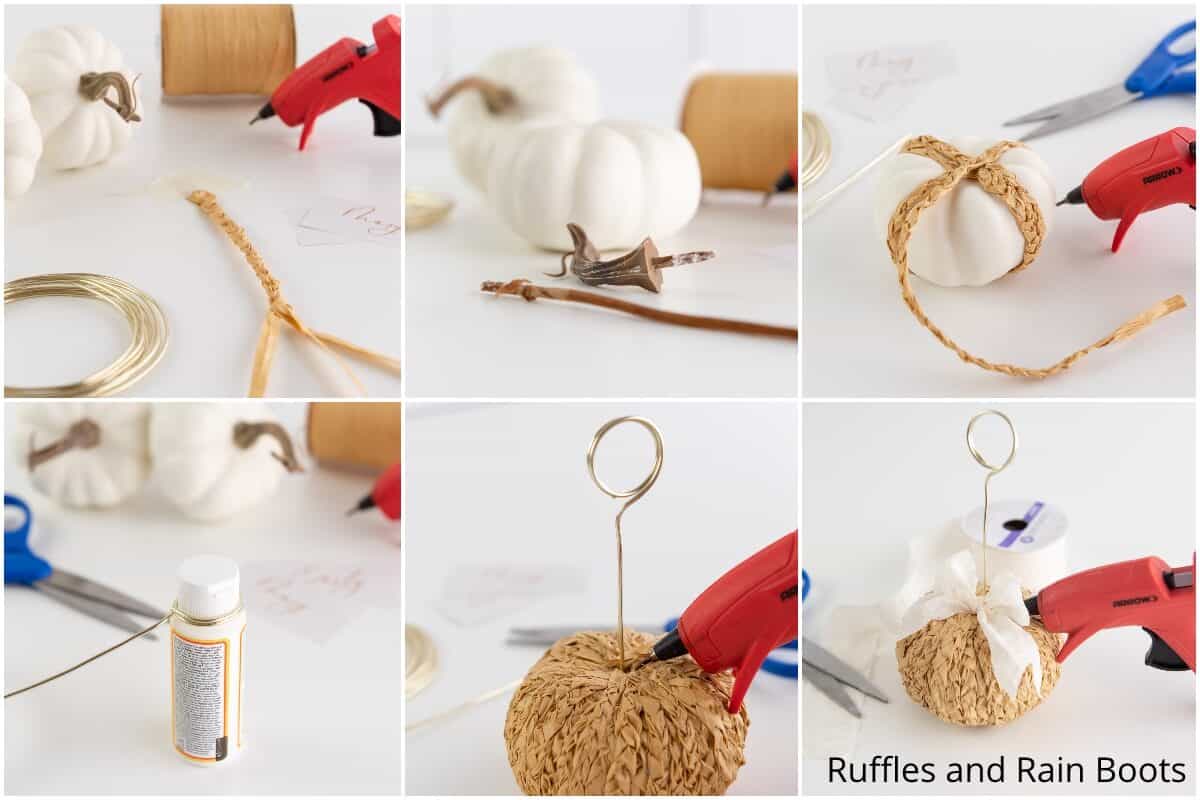 photo collage tutorial of how to make a braided raffia pumpkin craft for fall