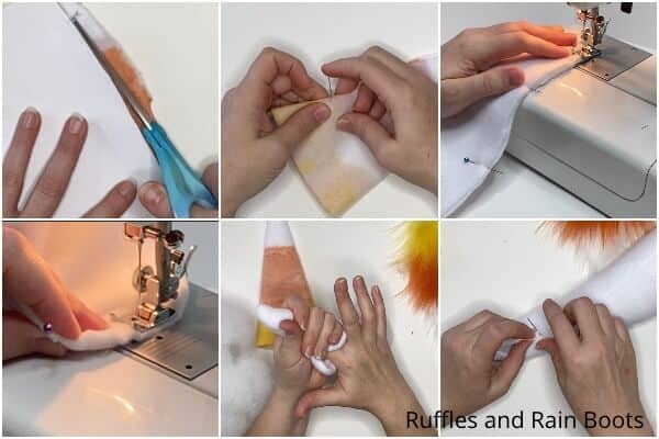 photo collage tutorial of how to make a candy corn gnome