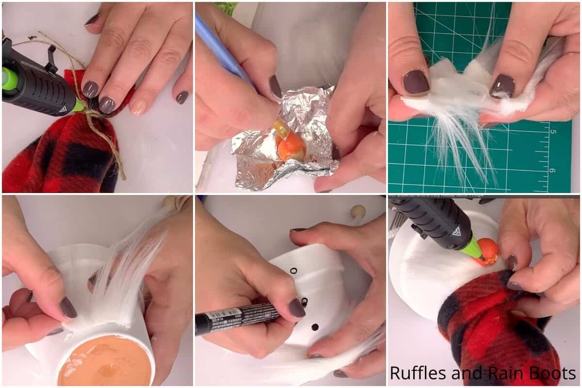 photo collage tutorial of how to make a clay pot gnome snowman