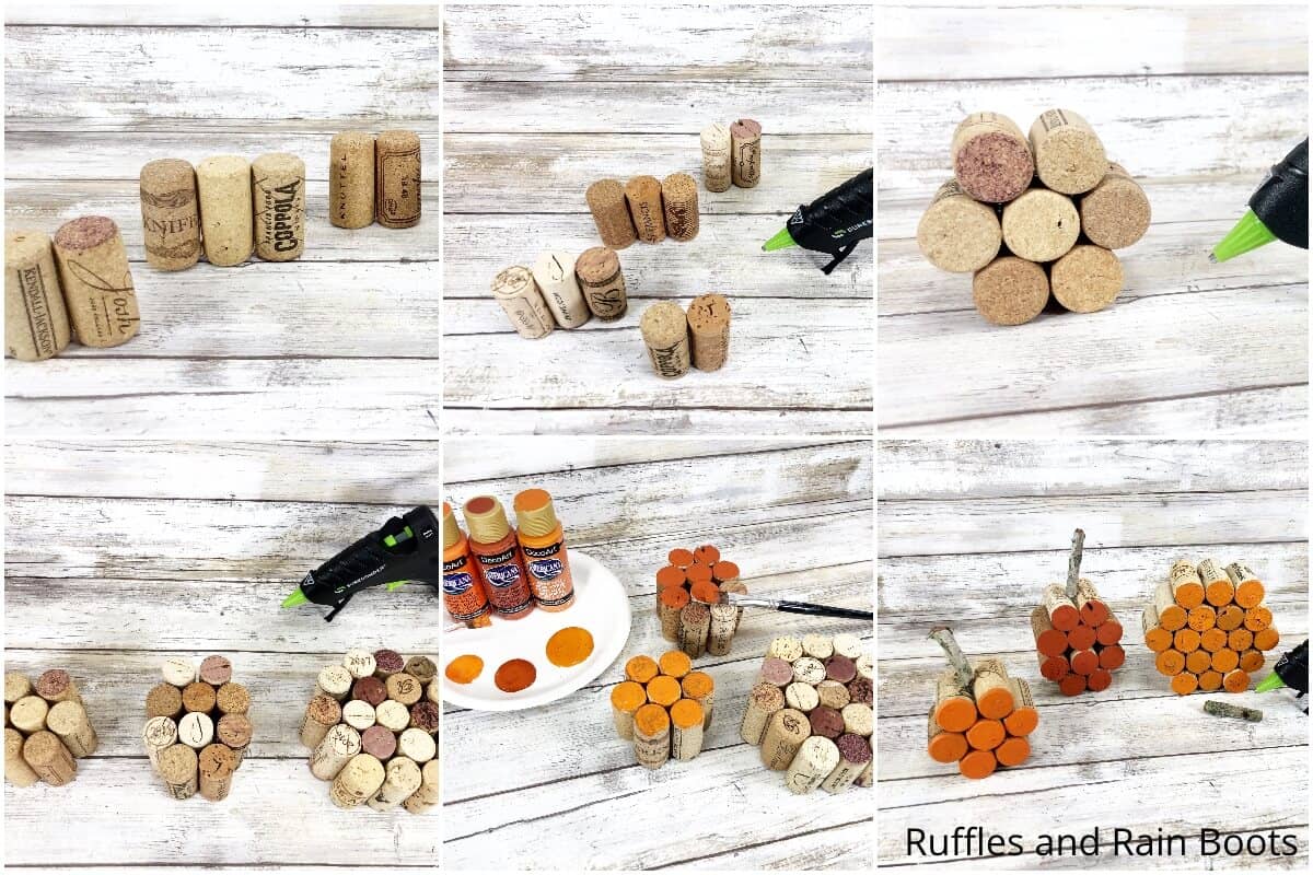 photo collage tutorial of how to make a cork pumpkin craft for fall