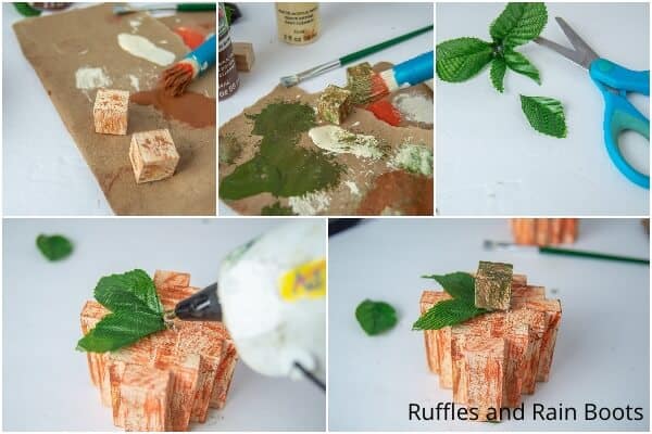 photo collage tutorial of how to make a dollar tree pumpkin with wood blocks