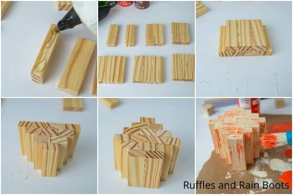 photo collage tutorial of how to make a dollar tree wood block pumpkin