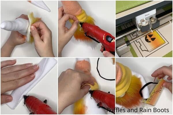 photo collage tutorial of how to make a halloween gnome with candy corn colors