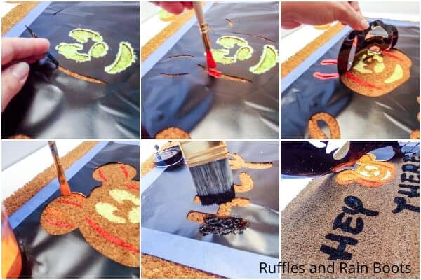 photo collage tutorial of how to make a mickey halloween doormat