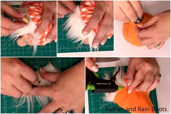 photo collage tutorial of how to make a pumpkin gnome with feet