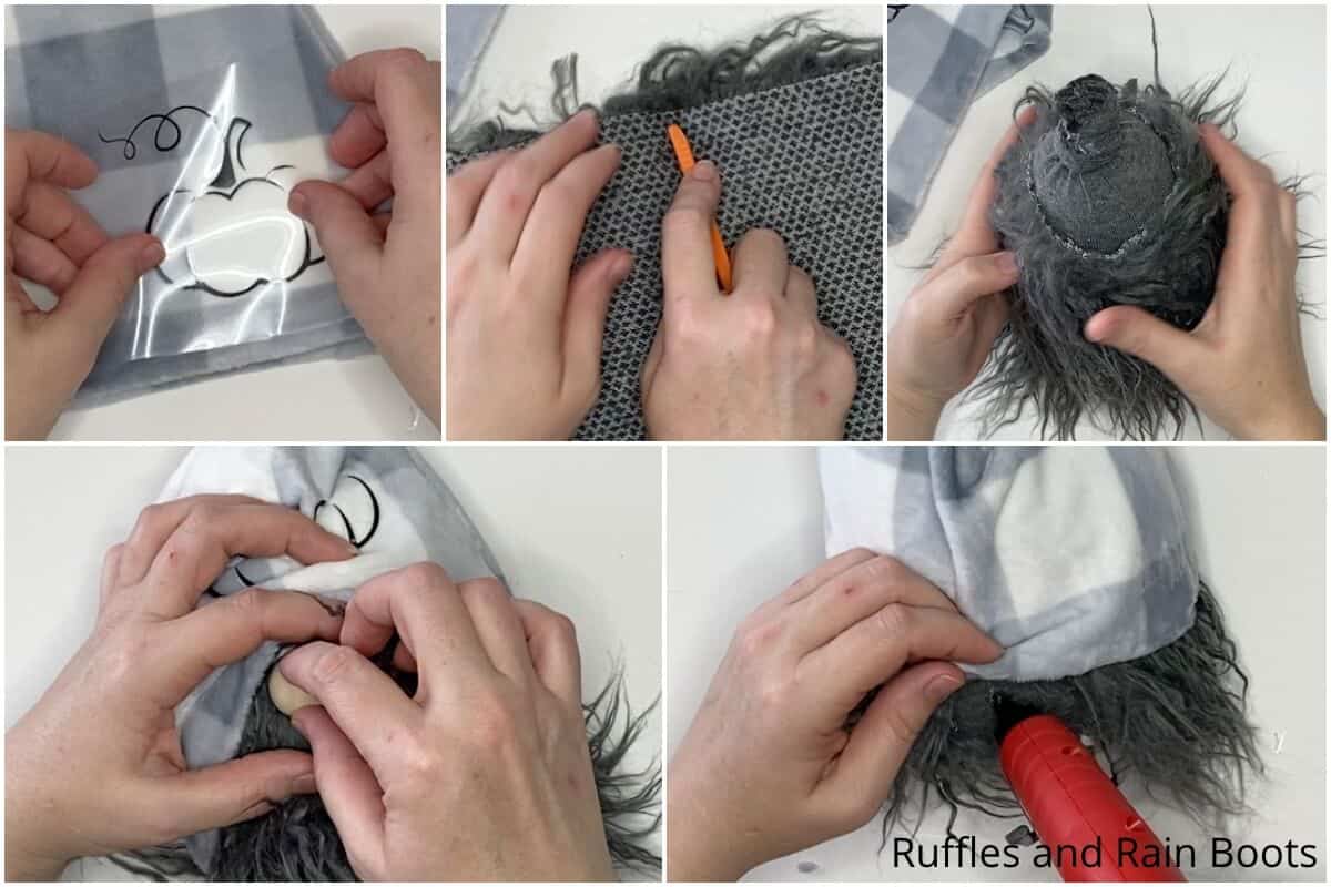 photo collage tutorial of how to make a sock gnome for fall