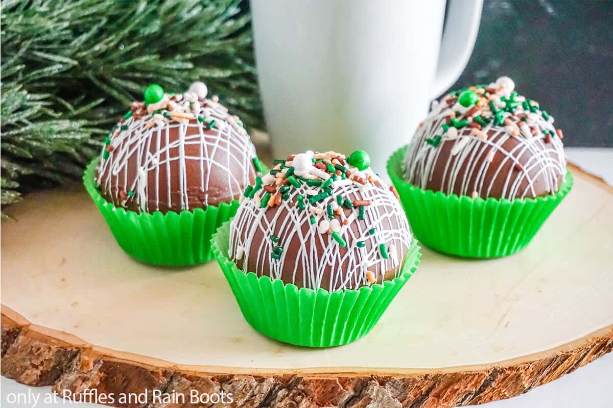 Horizontal image of a a Starbucks hot chocolate bomb on wood plank and dark greenery background.