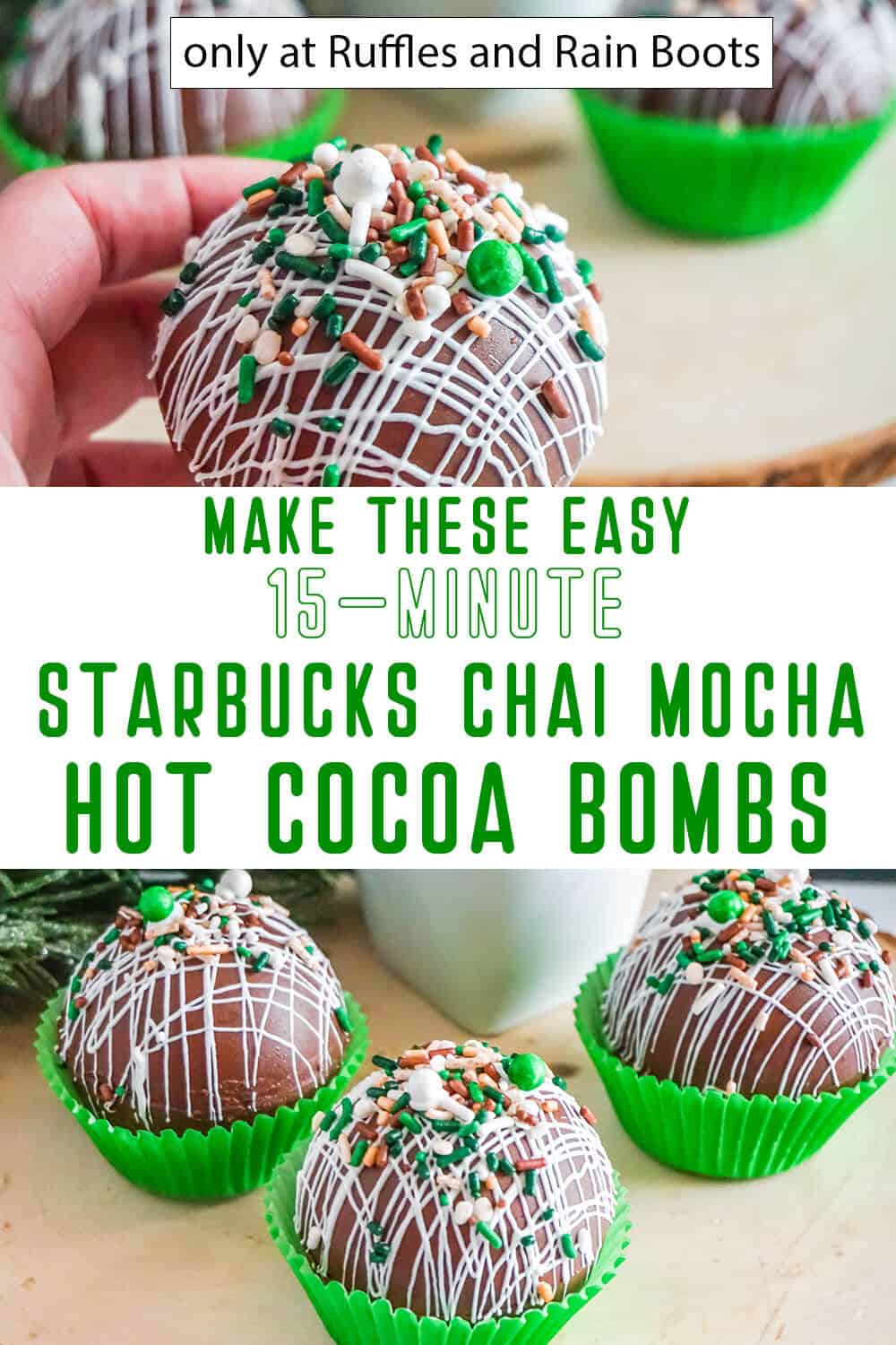 Photo collage of tea infused hot cocoa bombs with text which reads make these easy 15-minute Starbucks chai mocha hot cocoa bombs.