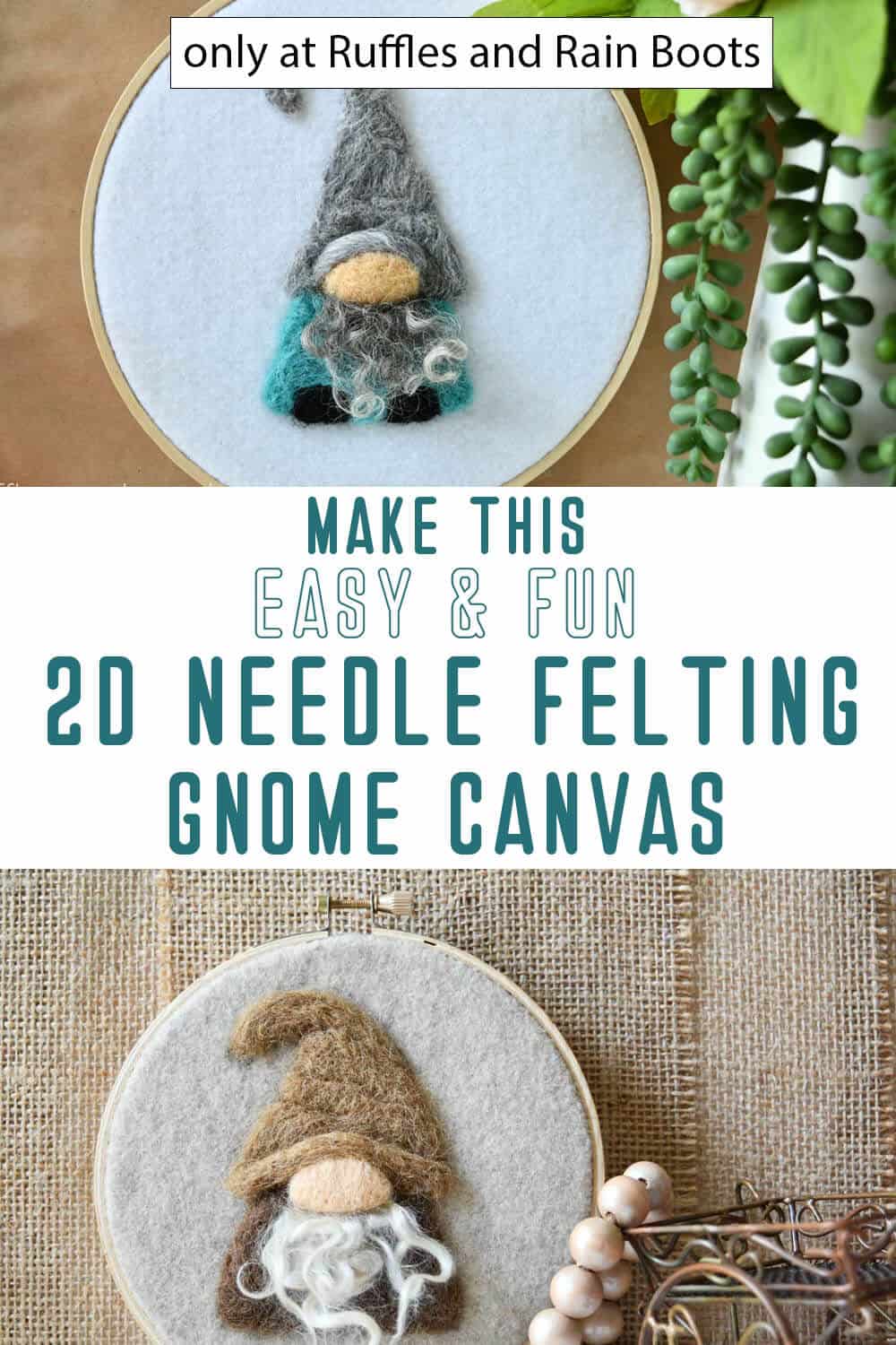 photo collage of wool painted canvas gnome craft with text which reads make this easy and fun 2d needle felting gnome canvas