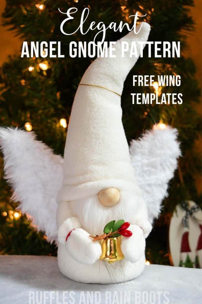 white angel gnome with halo and bell with text which reads elegant angel gnome pattern free wing templates