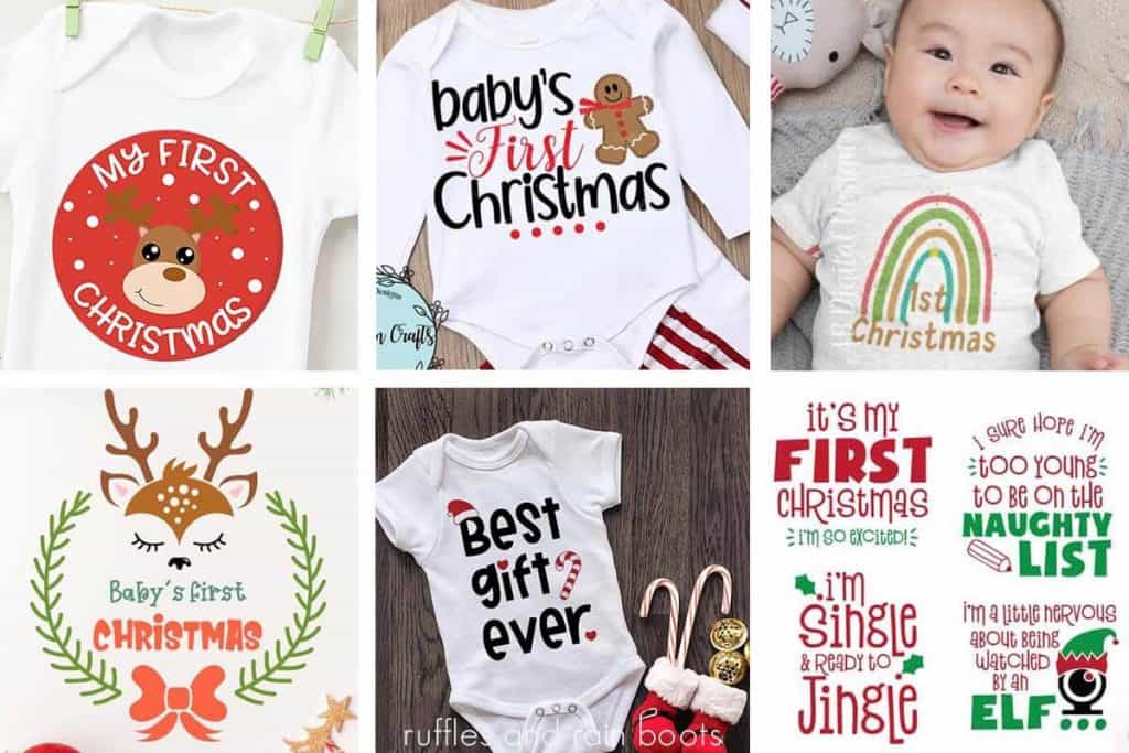 collage of baby's first Christmas SVG and My First Christmas SVG files for commercial use for use on baby bodysuits hats bibs ornaments and holiday keepsakes