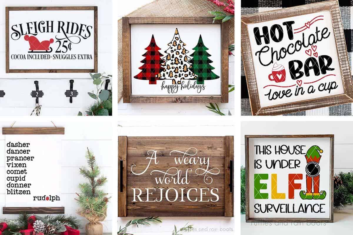 horizontal collage of six images showing Christmas sign SVG files from sleigh rides and reindeer name svgs to elf and sublimation designs with text which reads ruffles and rain boots