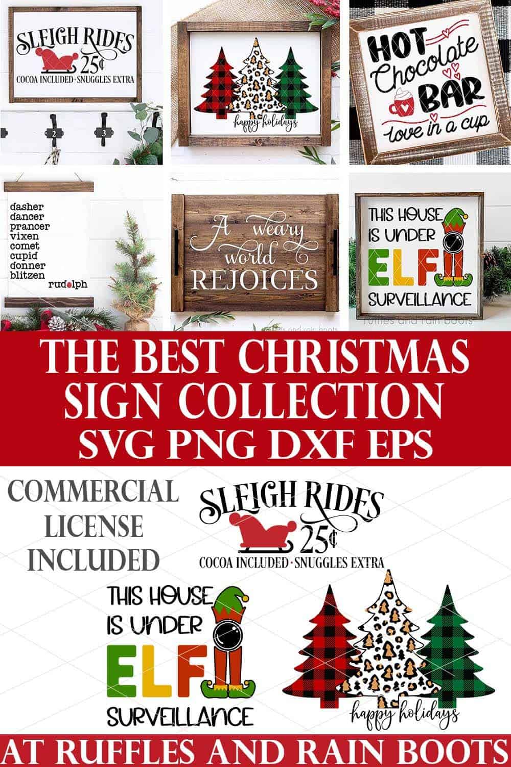 stacked vertical image of Christmas signs made in farmhouse holiday style, hot cocoa bars, sublimation, Christmas trees, and reindeer names with text which reads the best Chrismtas sign collection SVG PNG DDXF EPS