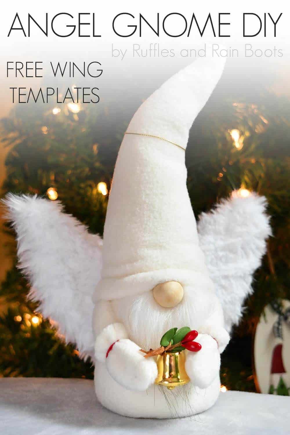 white angel gnome holding golden bell with holiday greenery and with text which reads angel gnome diy free wing templates