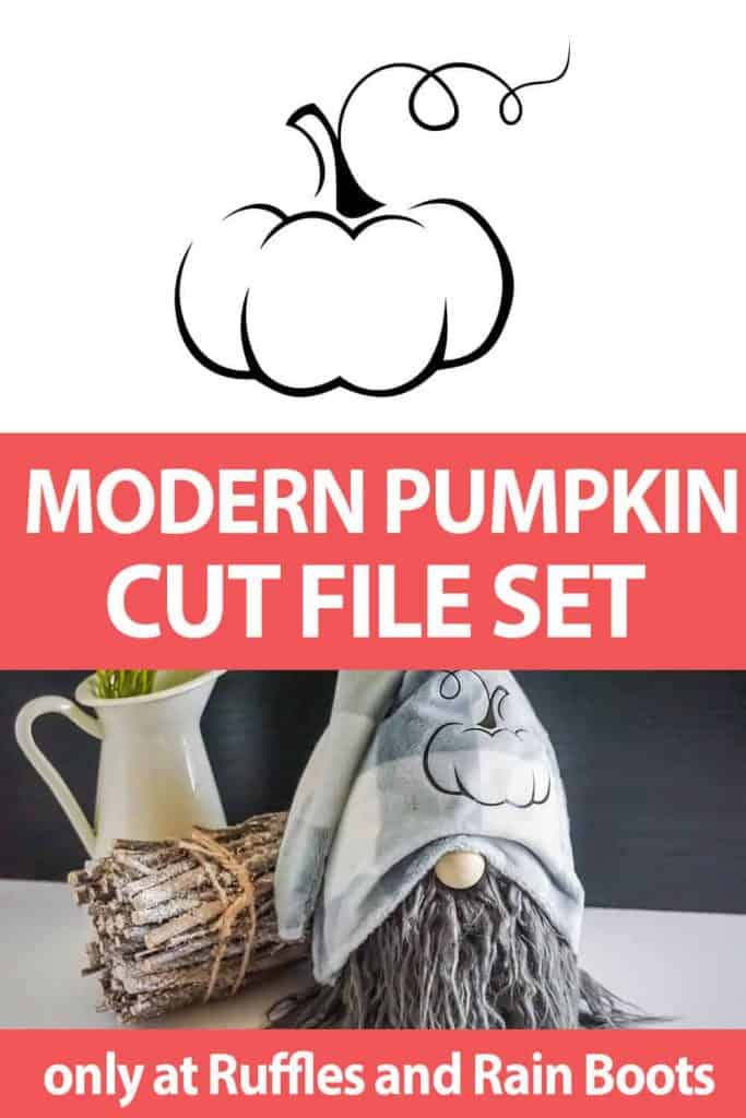 split image showing a stylish modern pumpkin svg in black on top and a gnome with the pumpkin svg on his hat below styled in a fall background with text which reads modern pumpkin cut file set