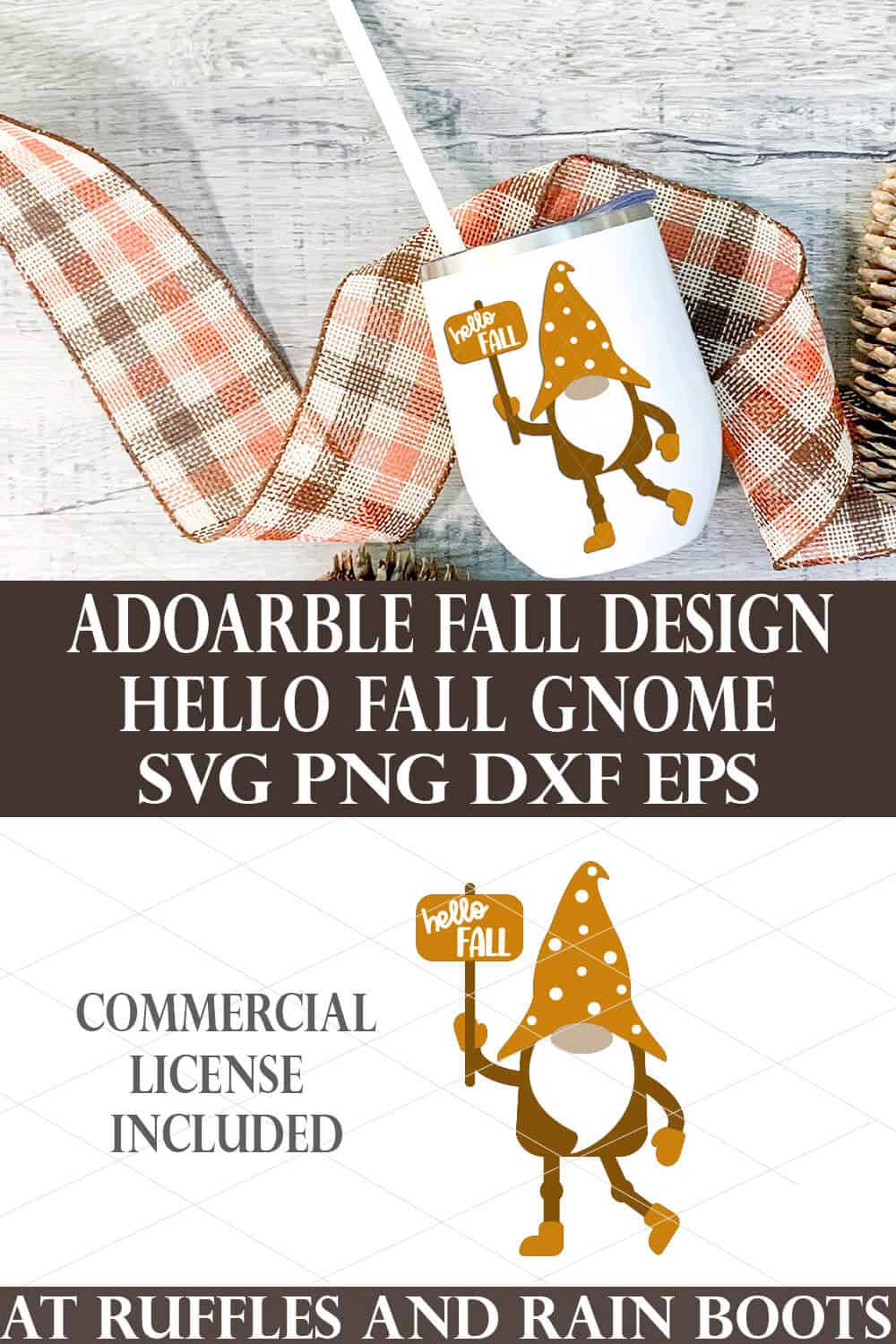 stacked image of free fall gnome SVG with polka dot hat and hello fall sign on a white wine tumbler on fall background with ribbon and pine cones