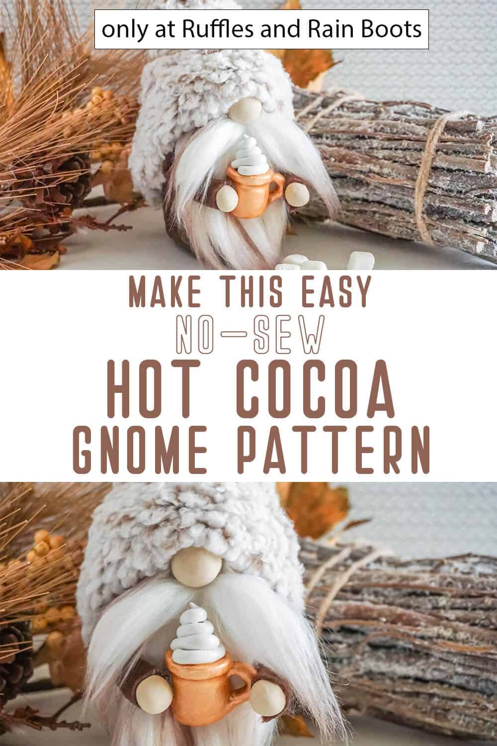 Photo collage of a gnome with a painted gnome beard, nose, and fuzzy up close with with text which reads make this easy no-sew hot cocoa gnome pattern.
