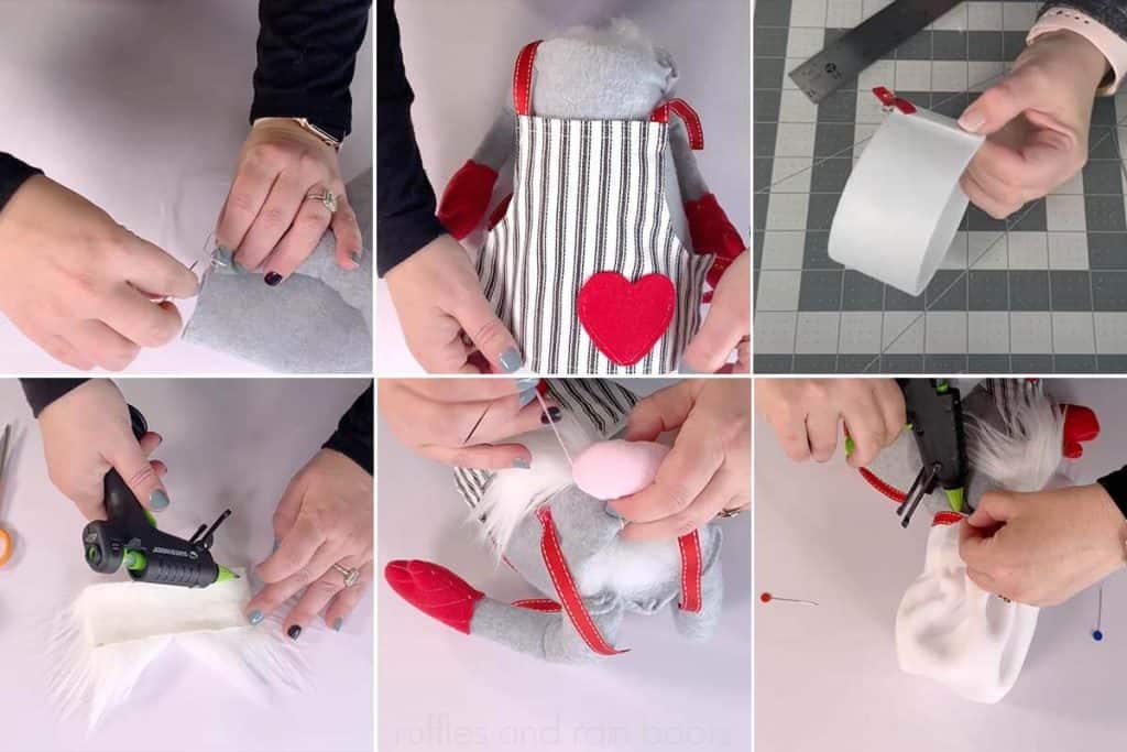 Horizontal collage of a crafter making a chef gnome with an apron.