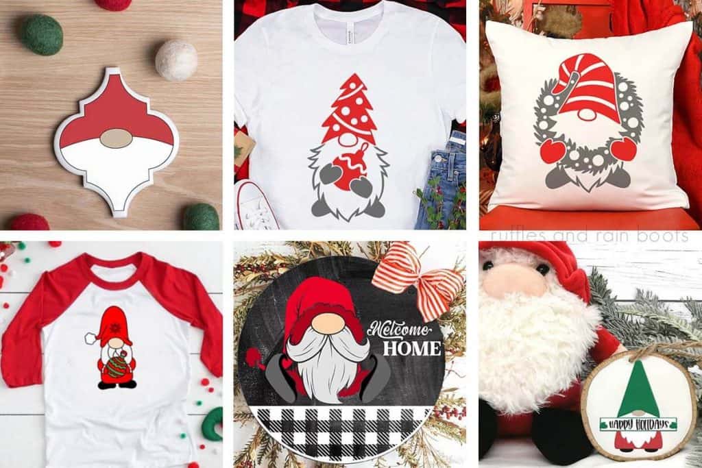 horizontal collage of 6 holiday projects made with on trend Christmas gnome svg files including gnomes holding signs ornaments and placed on t shirts pillows and tiles