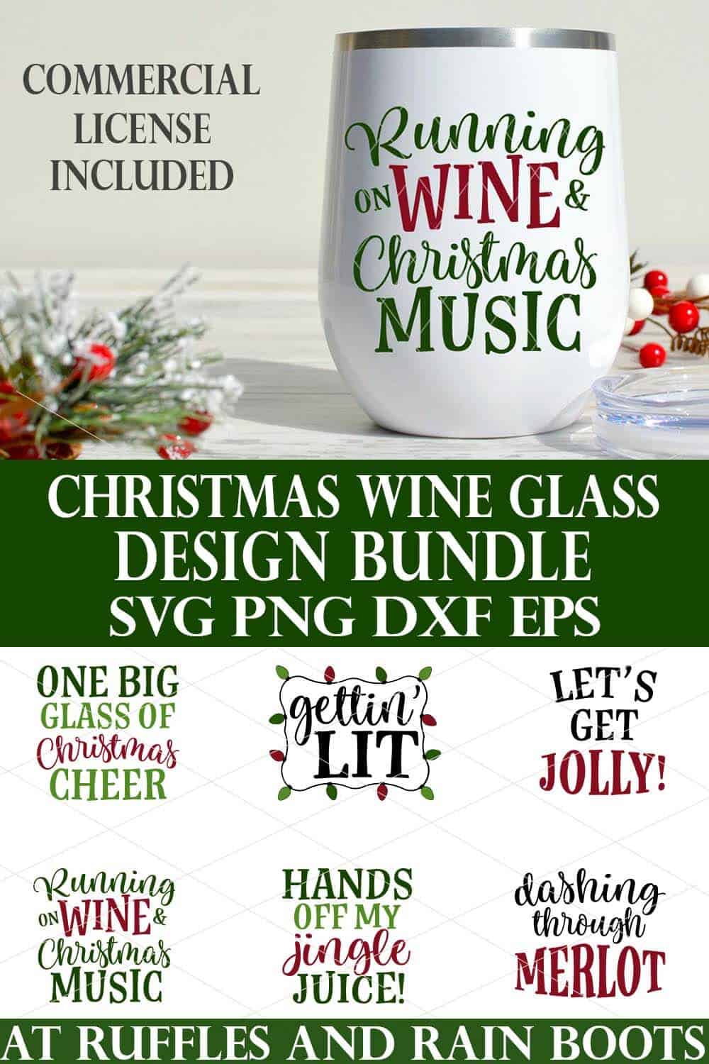 stacked vertical image showing a wine tumbler with running on wine and Christmas music in vinyl with text which reads commercial license included Christmas wine glass SVG bundle