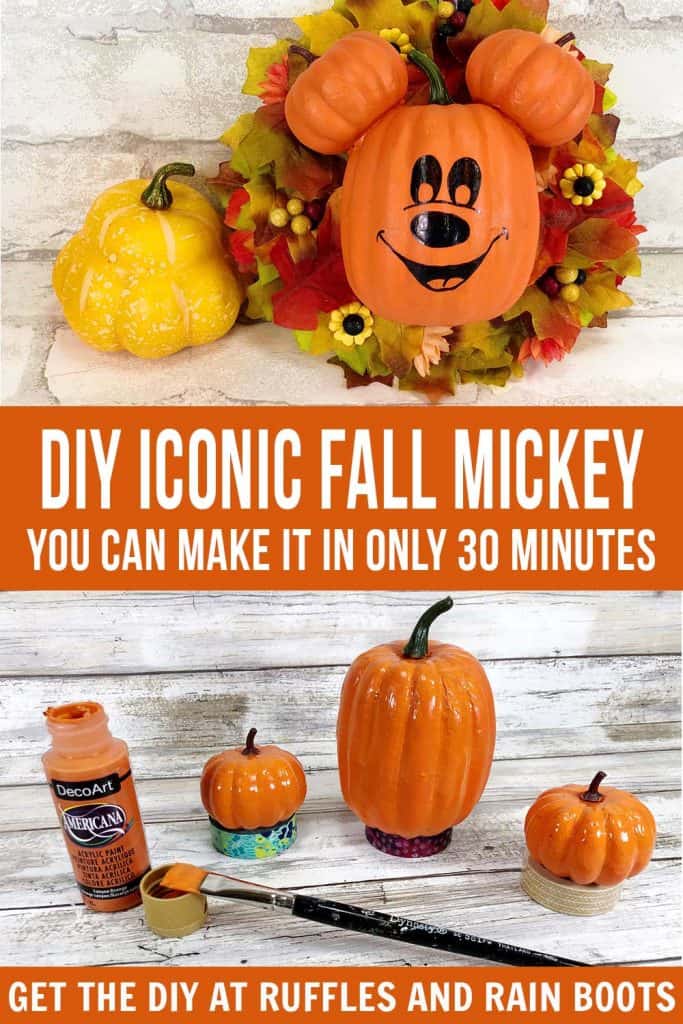 stacked vertical image of pumpkin Mickey from Disney parks with text which reads diy iconic fall mickey wreath leaning against brick wall and painted pumpkins on bottom