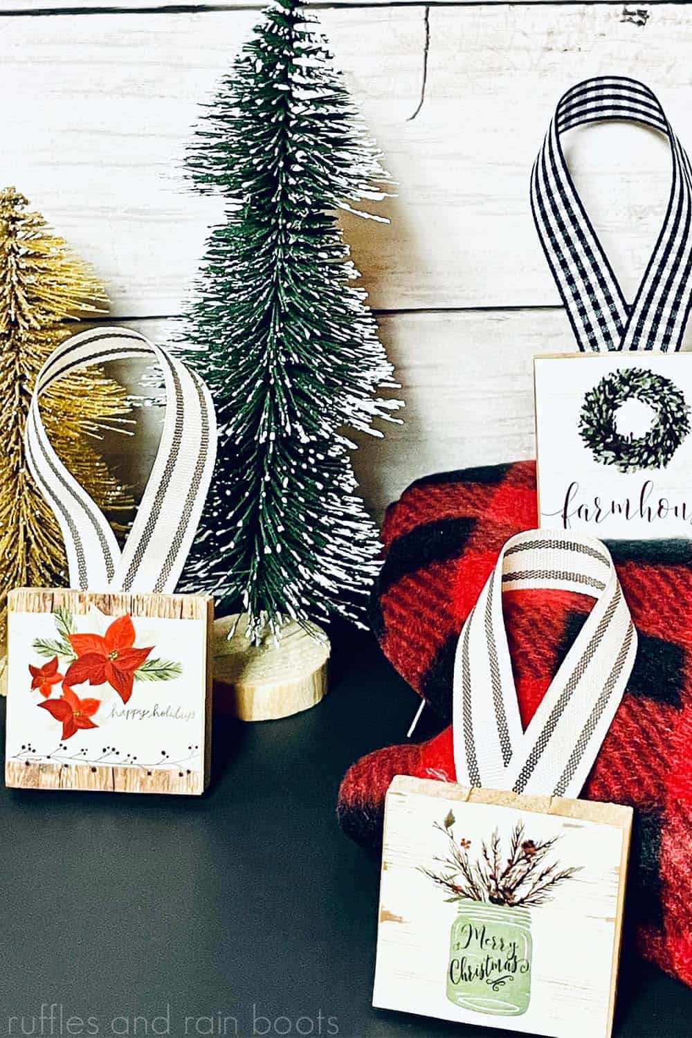 vertical close up images of tumbling tower block game ornaments made with the Dollar Tree calendars and Dollar Tree ribbon against a white wood background with Christmas decor