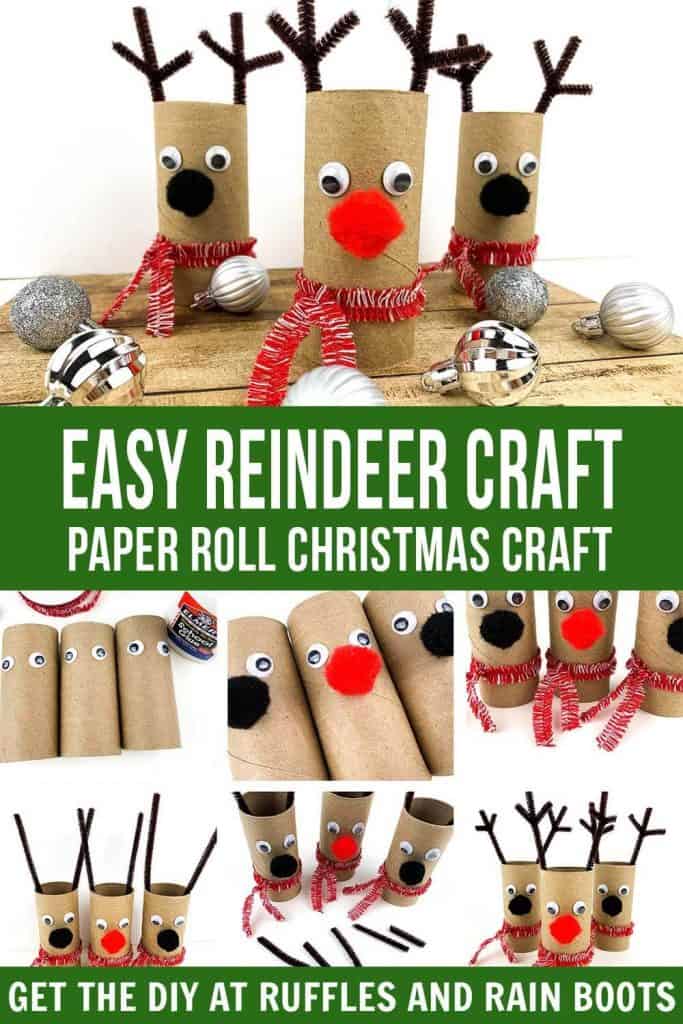 vertical image of stacked photos showing the step by step process of making a reindeer paper roll Christmas craft with text which reads easy reindeer craft