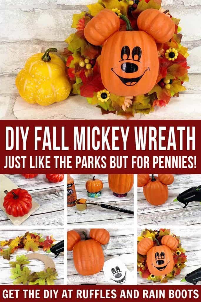 vertical stacked image of fall pumpkin Mickey Mouse wreath with fall leaves on top and process on bottom with text which reads diy fall mickey wreath