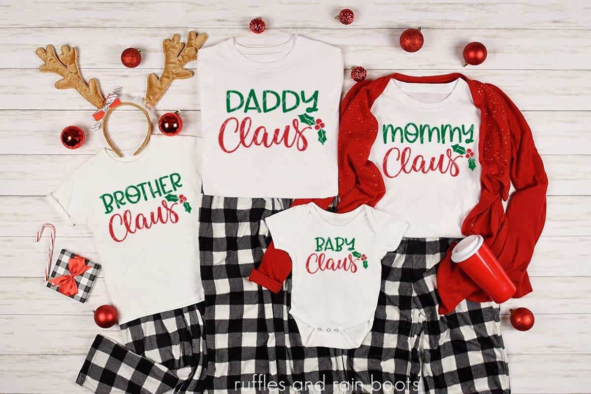 horizontal image of Christmas family pajamas made with family Claus Christmas SVG bundle in red and green heat transfer vinyl and a Cricut machine