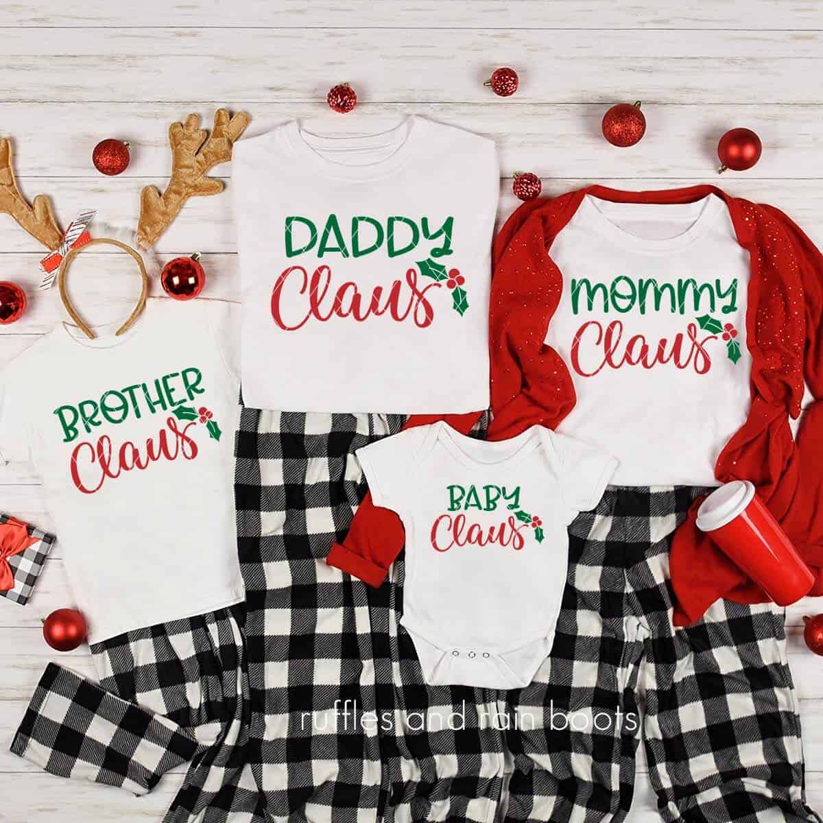 square image showing family Christmas pajamas made with Cricut and heat transfer vinyl in red and green
