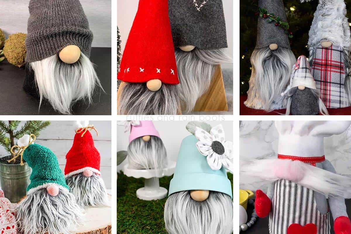 six image collage of DIY gnomes made with different types of gnome hats for an instructional post on how to make a gnome hat