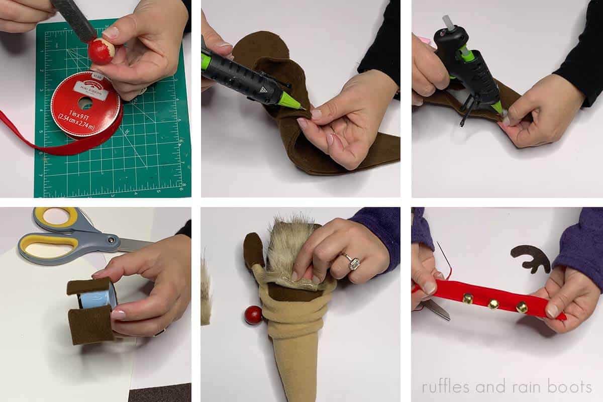 six image collage of step by step process images showing how to make no sew reindeer gnome