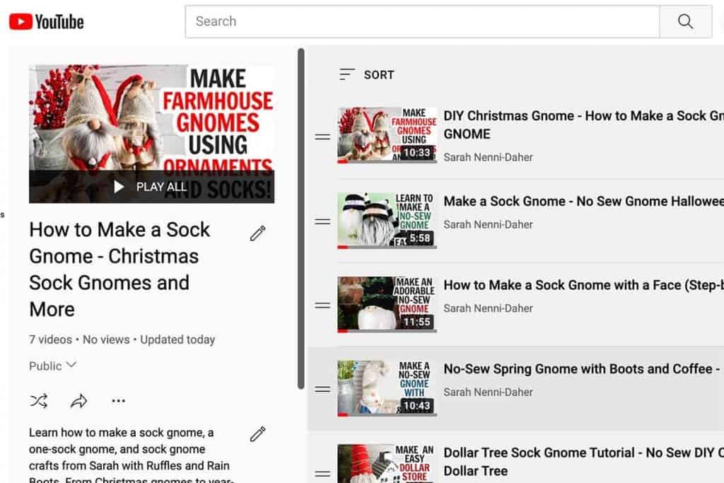 horizontal image showing the how to make a sock gnome playlist on the Sarah Nenni-Daher YouTube channel for ruffles and rain boots gnome making