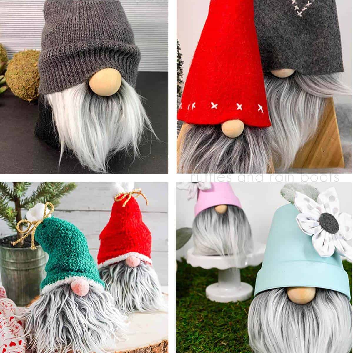 square image of four DIY gnomes made with different materials for a tutorial on how to make a gnome hat out of anything