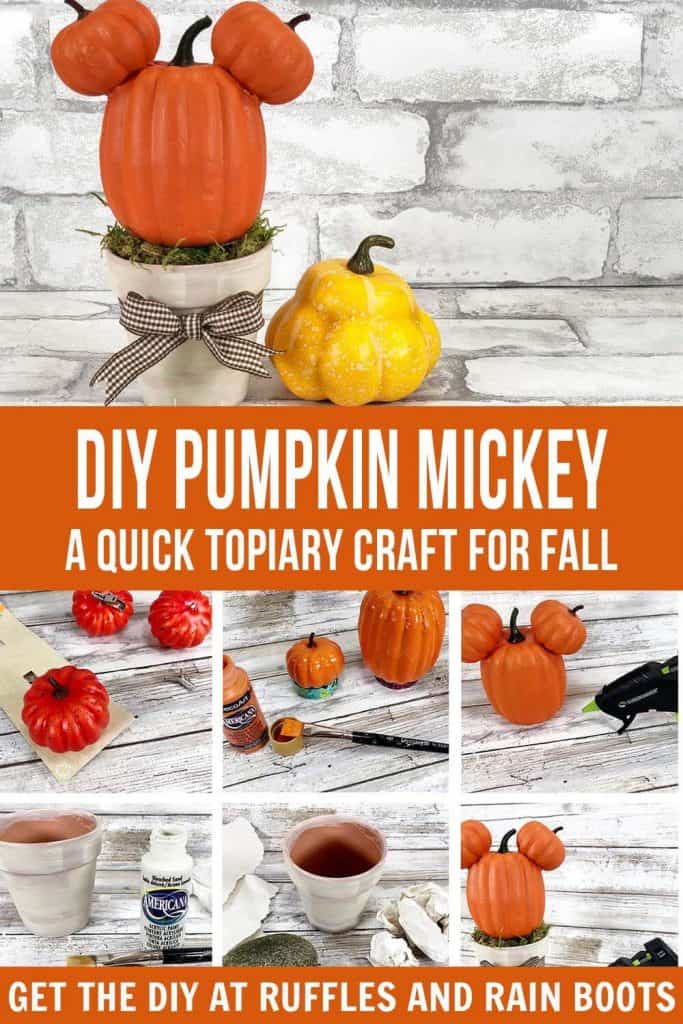 vertical image collage with a fall pumpkin mickey mouse topiary on top and step by step process images on bottom with text which reads diy pumpkin mickey a quick topiary craft for fall