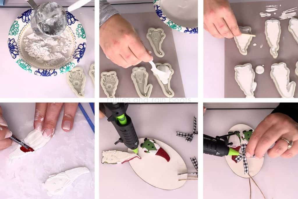 Horizontal collage of DIY gnome ornament tutorial step by step images of making plaster gnome ornament and package tag.