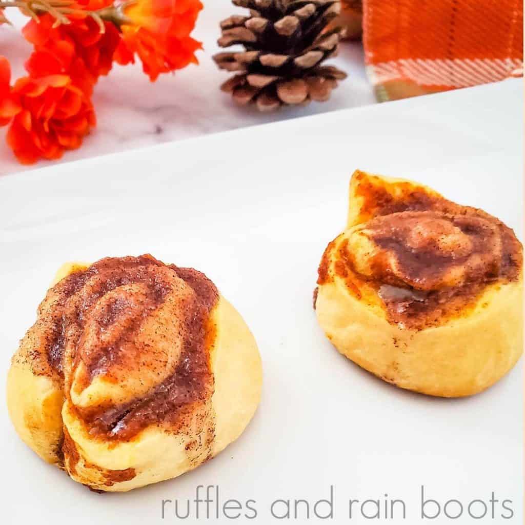 square image of pumpkin pie pinwheels close up on fall background with text which reads ruffles and rain boots
