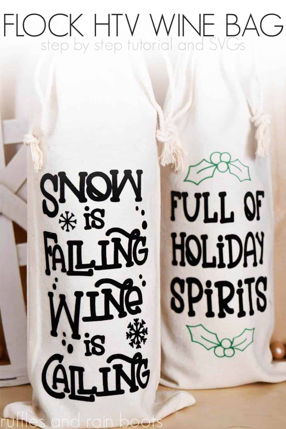 Vertical image of two canvas wine bags with black flock heat transfer vinyl with text which reads flock HTV wine back step by step tutorial and SVG.