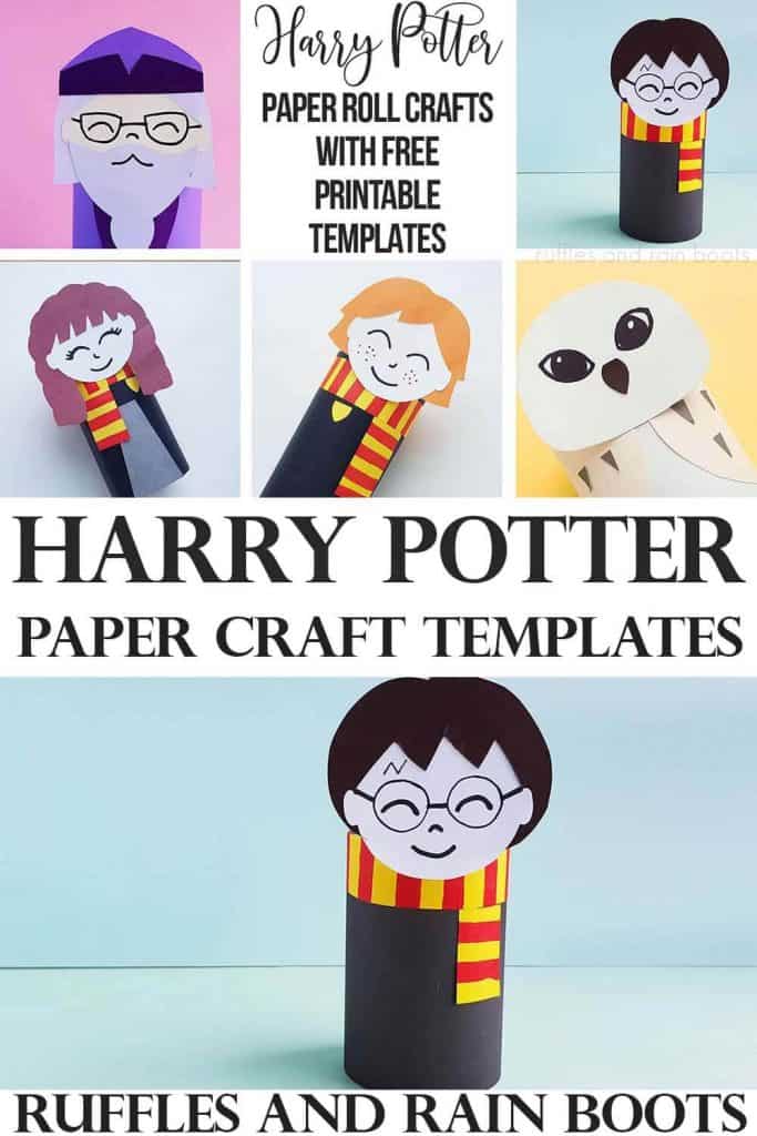 stacked vertical image with collage of harry potter paper dolls on top and Harry Potter on bottom with text which reads Harry potter Paper Craft Templates ruffles and rain botos